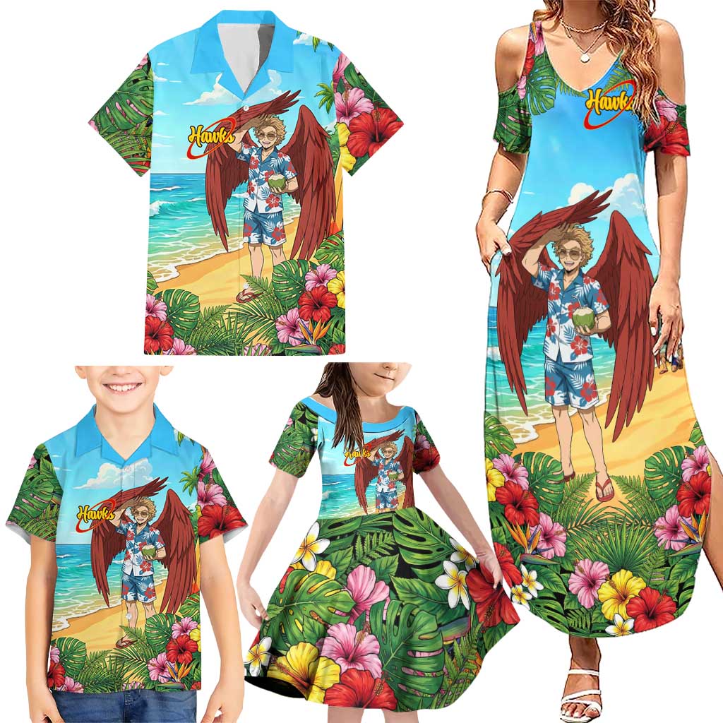 Hawks Summer Chill Family Matching Summer Maxi Dress and Hawaiian Shirt Tropical Anime Beach Vibes