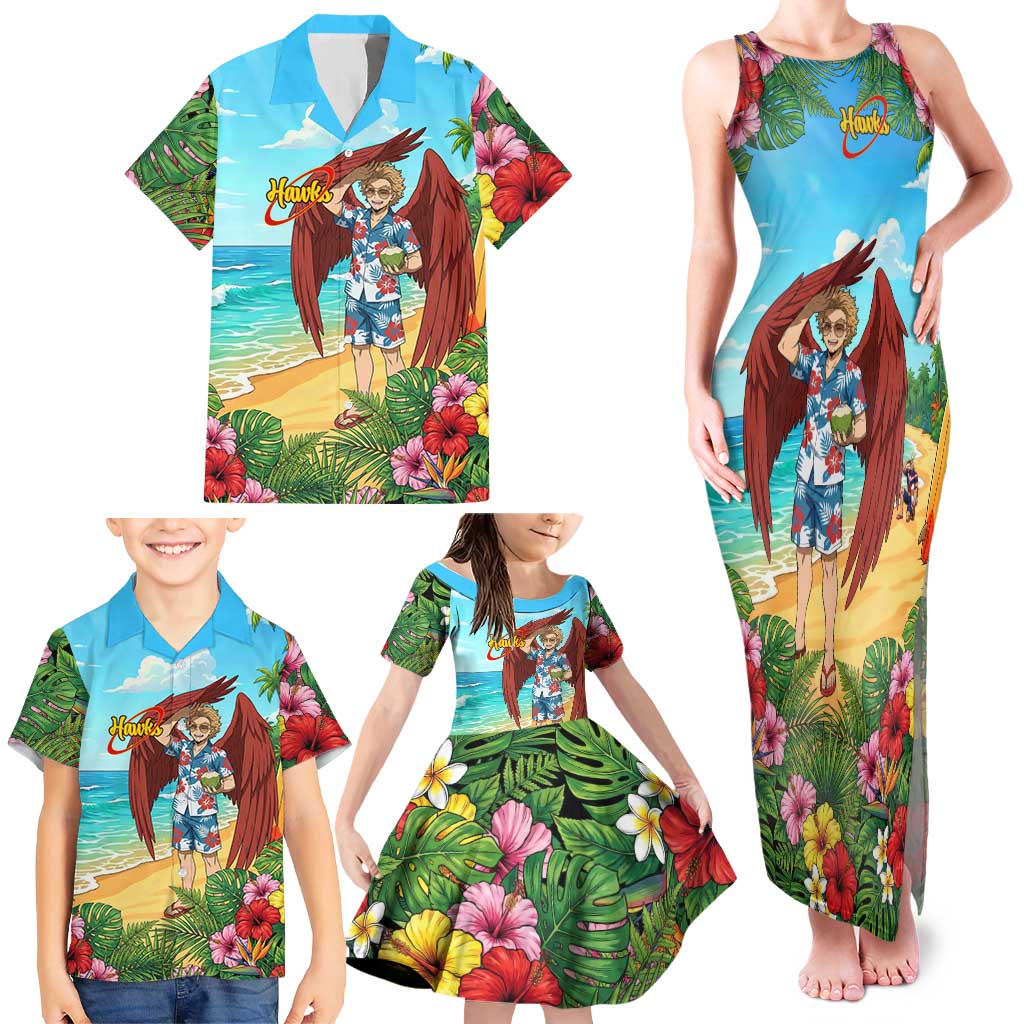 Hawks Summer Chill Family Matching Tank Maxi Dress and Hawaiian Shirt Tropical Anime Beach Vibes
