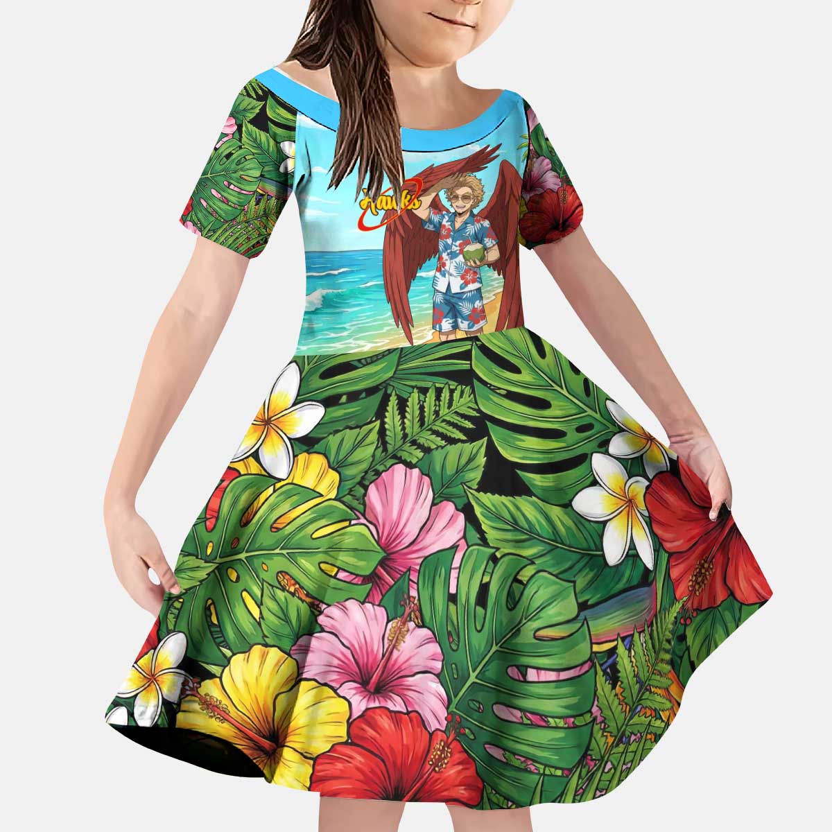 Hawks Summer Chill Kid Short Sleeve Dress Tropical Anime Beach Vibes