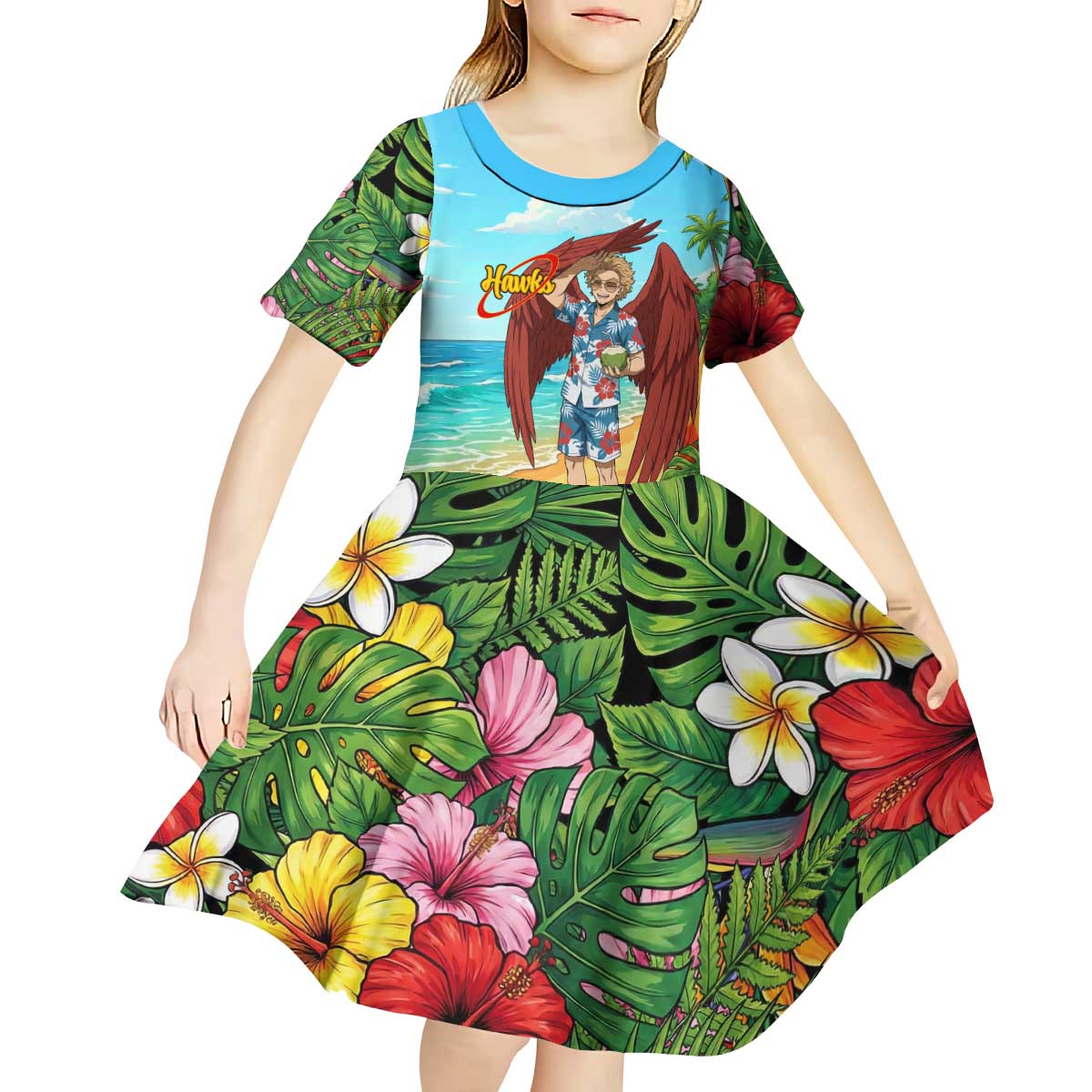 Hawks Summer Chill Kid Short Sleeve Dress Tropical Anime Beach Vibes