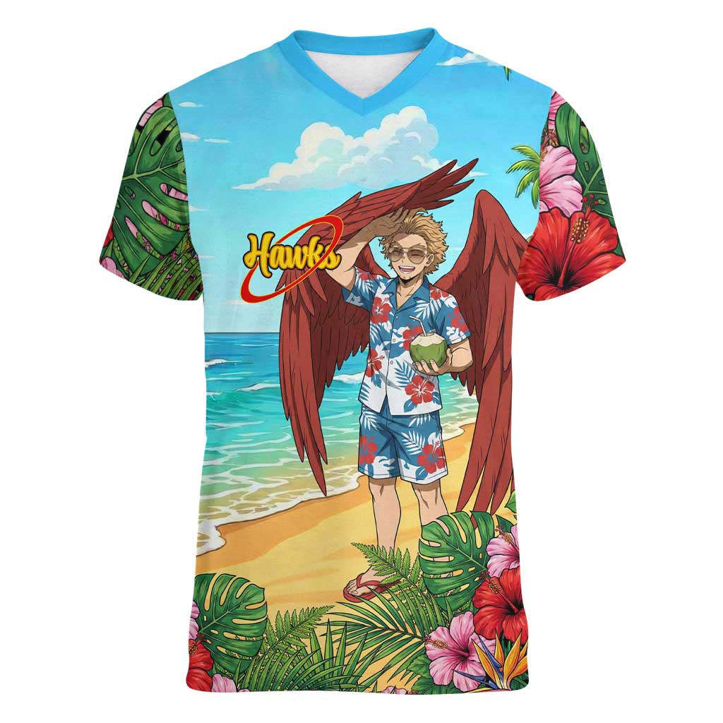 Hawks Summer Chill Women V-Neck T-Shirt Tropical Anime Beach Vibes