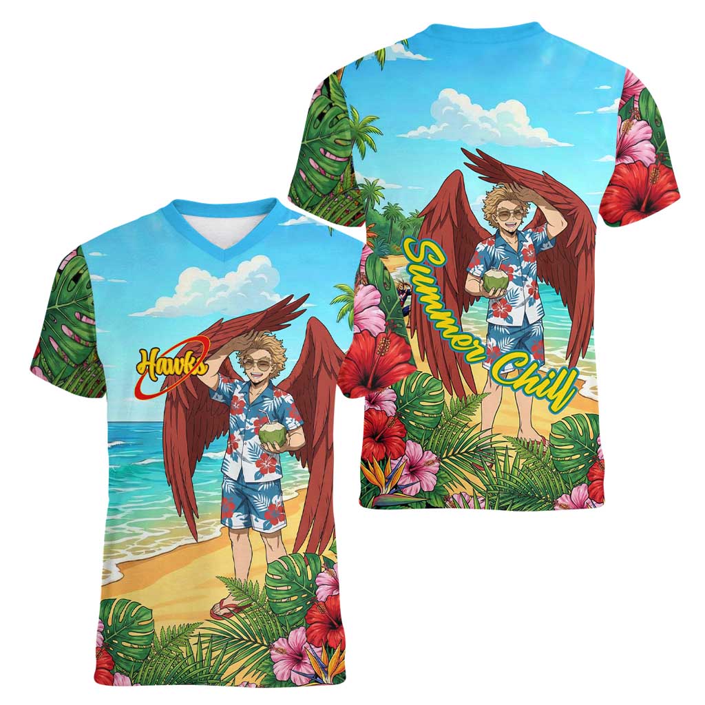 Hawks Summer Chill Women V-Neck T-Shirt Tropical Anime Beach Vibes