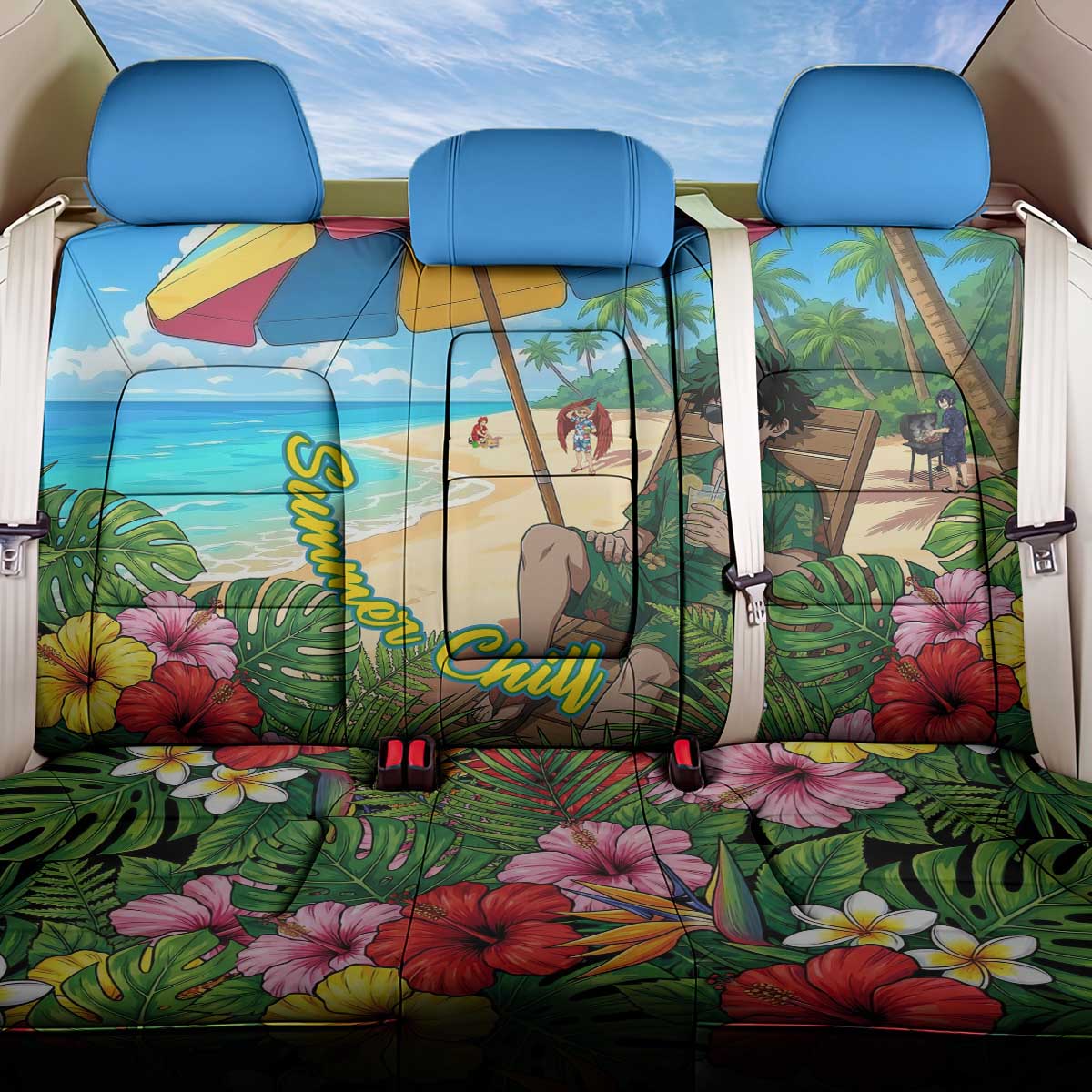 Midoriya Izuku Summer Chill Back Car Seat Cover Tropical Anime Relaxation Scene