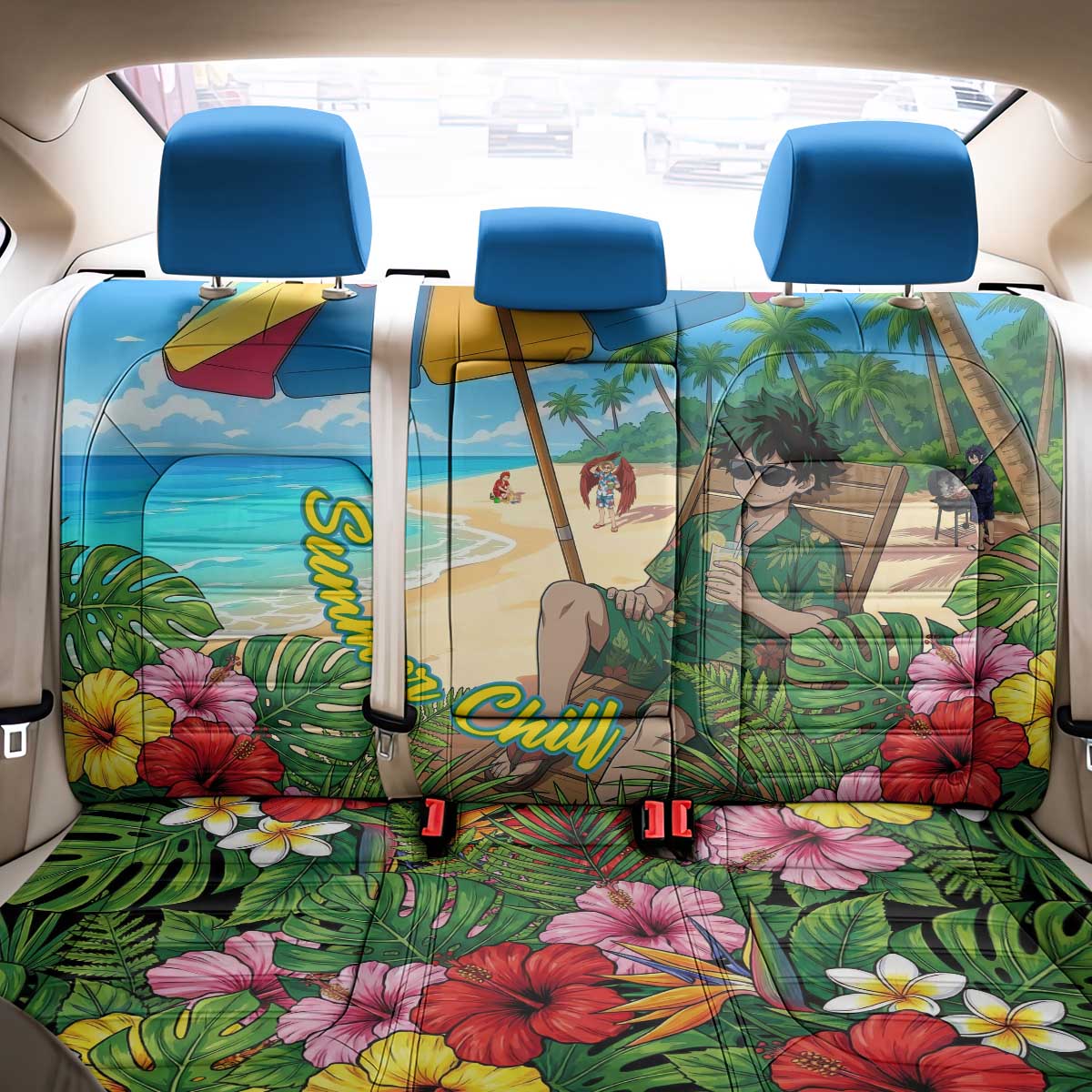 Midoriya Izuku Summer Chill Back Car Seat Cover Tropical Anime Relaxation Scene