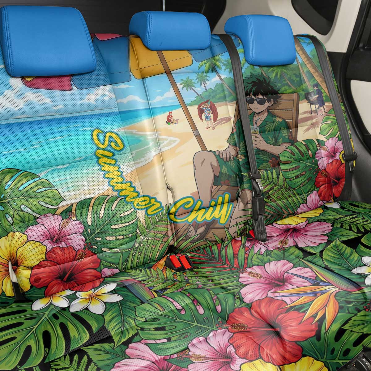 Midoriya Izuku Summer Chill Back Car Seat Cover Tropical Anime Relaxation Scene