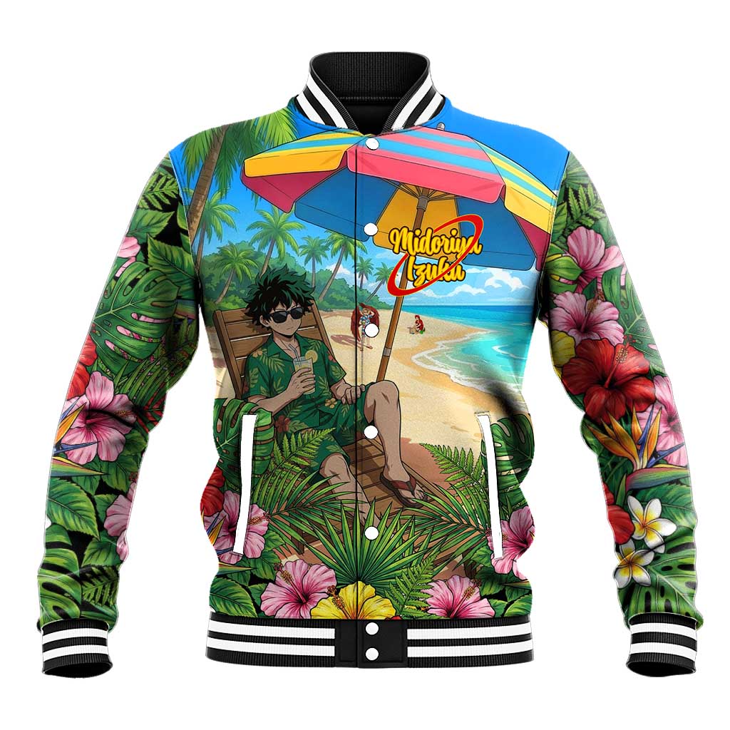 Midoriya Izuku Summer Chill Baseball Jacket Tropical Anime Relaxation Scene