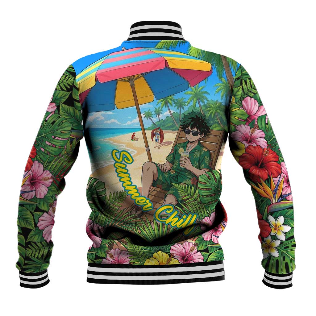 Midoriya Izuku Summer Chill Baseball Jacket Tropical Anime Relaxation Scene