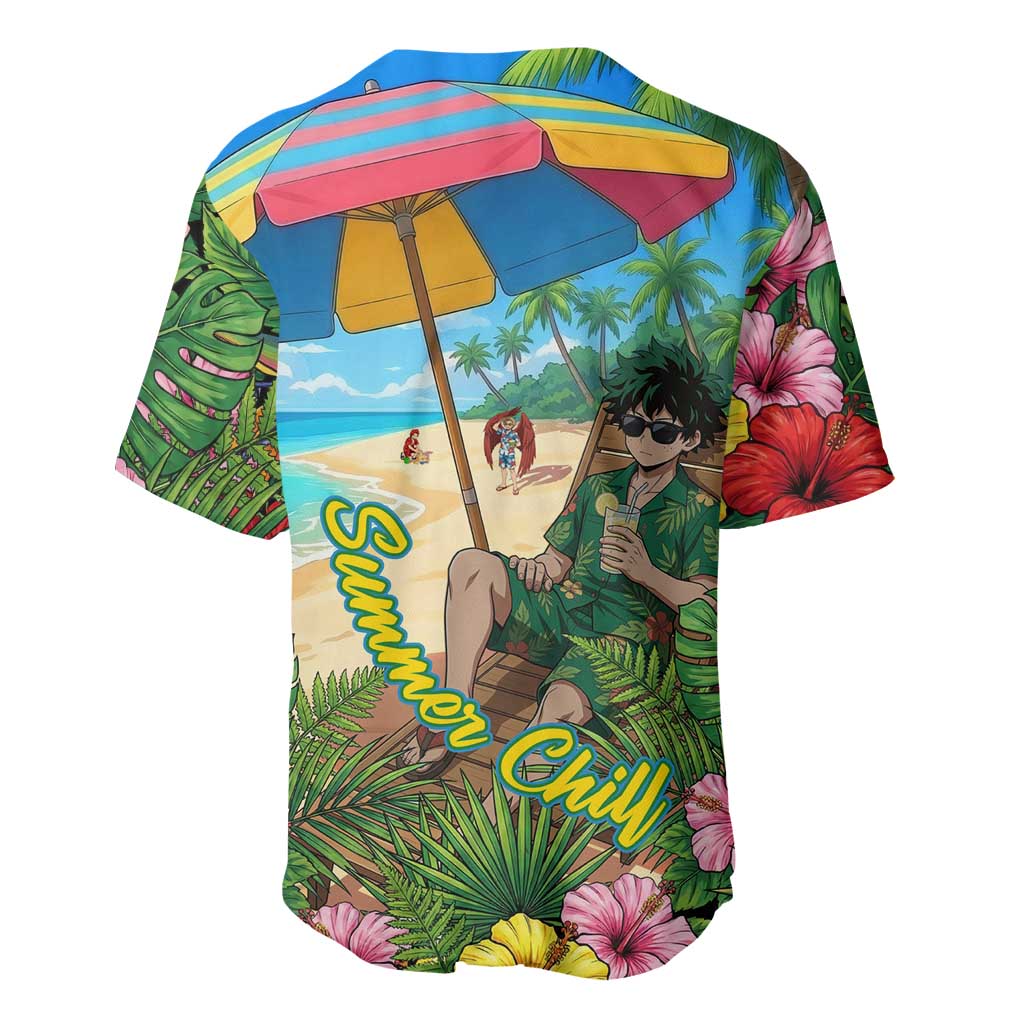 Midoriya Izuku Summer Chill Baseball Jersey Tropical Anime Relaxation Scene