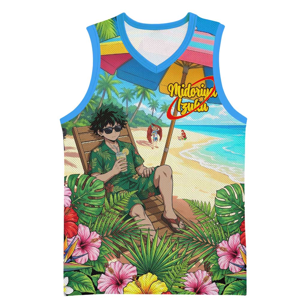 Midoriya Izuku Summer Chill Basketball Jersey Tropical Anime Relaxation Scene