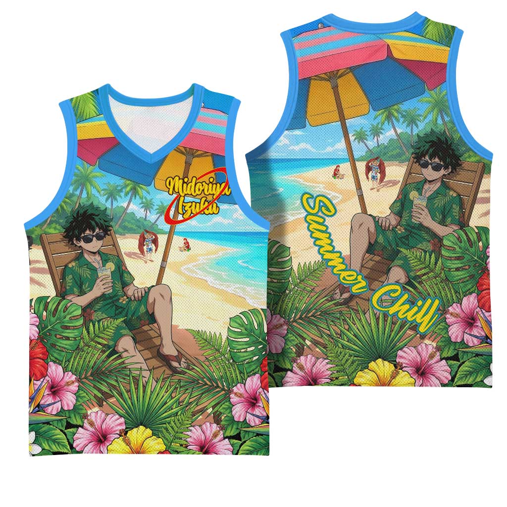 Midoriya Izuku Summer Chill Basketball Jersey Tropical Anime Relaxation Scene