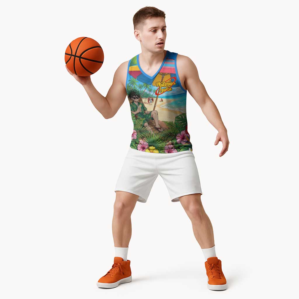 Midoriya Izuku Summer Chill Basketball Jersey Tropical Anime Relaxation Scene