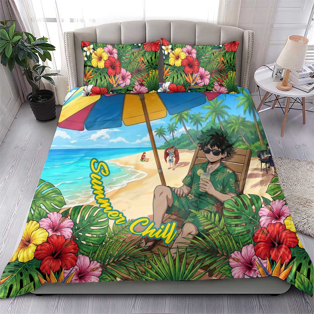 Midoriya Izuku Summer Chill Bedding Set Tropical Anime Relaxation Scene