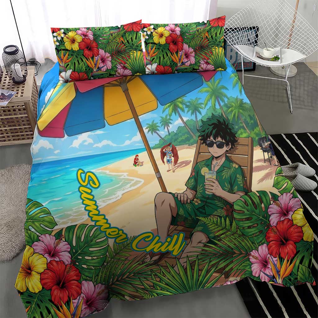 Midoriya Izuku Summer Chill Bedding Set Tropical Anime Relaxation Scene