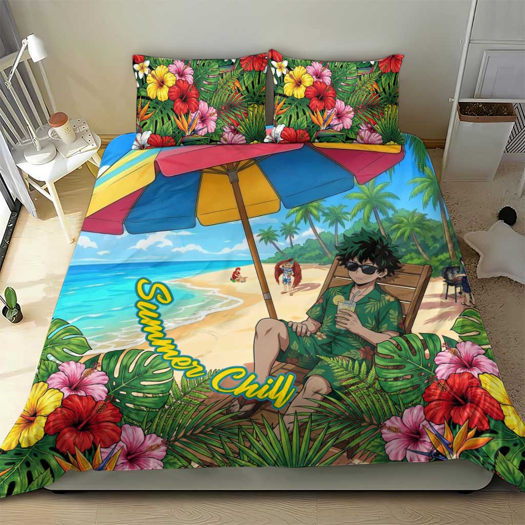 Midoriya Izuku Summer Chill Bedding Set Tropical Anime Relaxation Scene