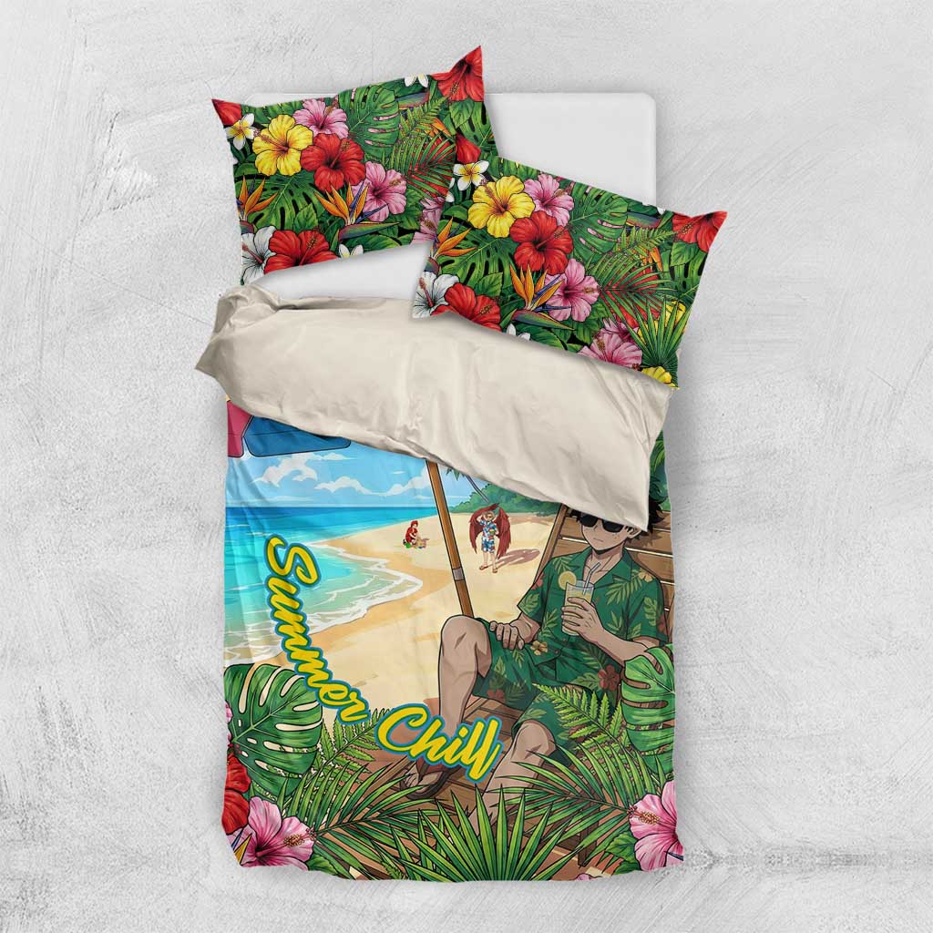 Midoriya Izuku Summer Chill Bedding Set Tropical Anime Relaxation Scene