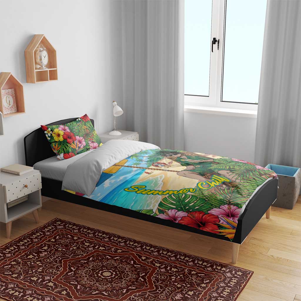 Midoriya Izuku Summer Chill Bedding Set Tropical Anime Relaxation Scene
