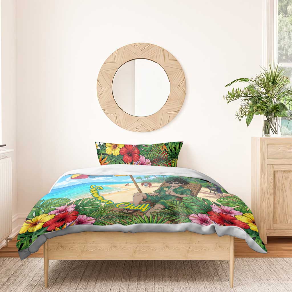 Midoriya Izuku Summer Chill Bedding Set Tropical Anime Relaxation Scene