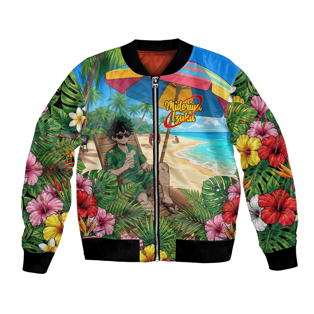 Midoriya Izuku Summer Chill Bomber Jacket Tropical Anime Relaxation Scene