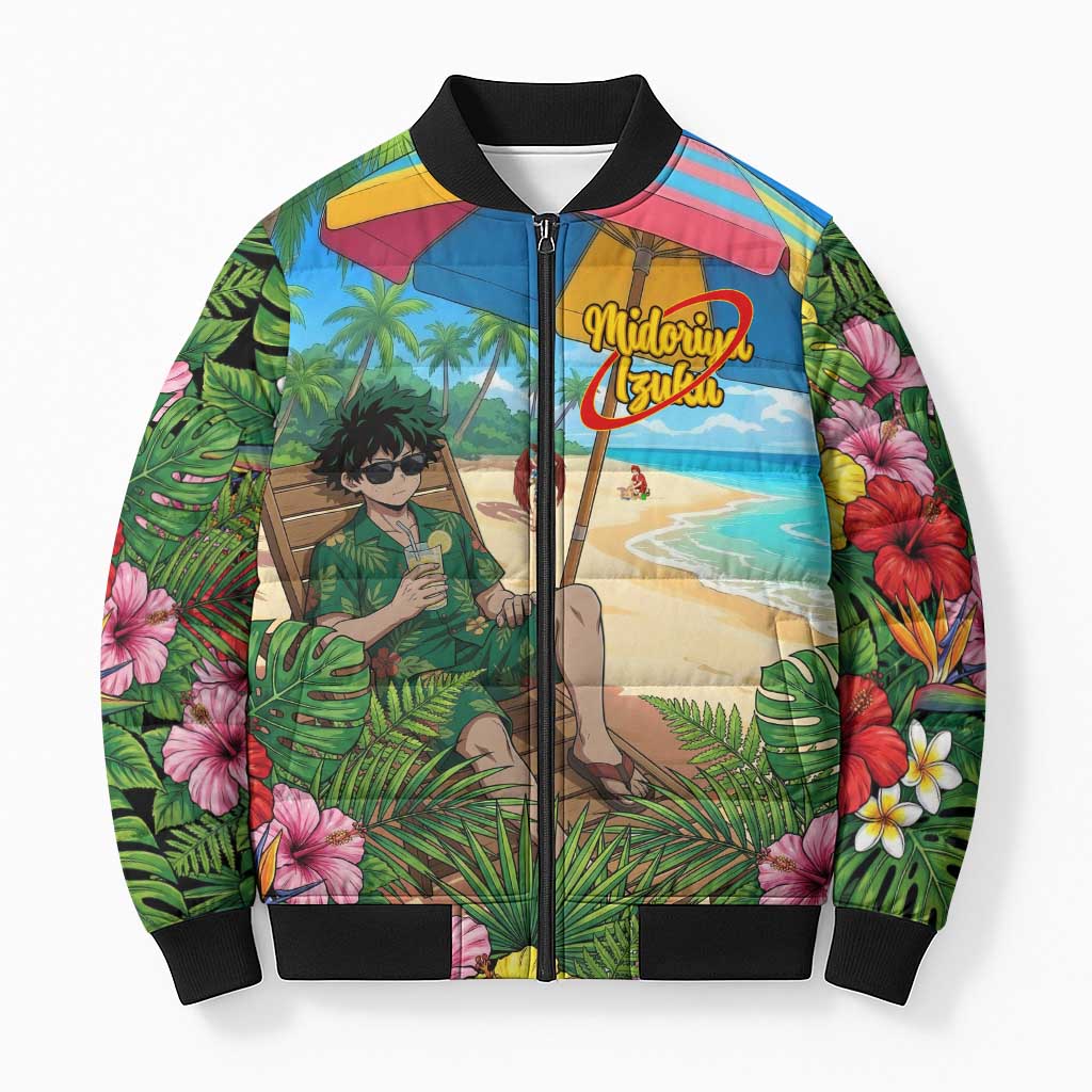 Midoriya Izuku Summer Chill Bomber Puffer Jacket Tropical Anime Relaxation Scene