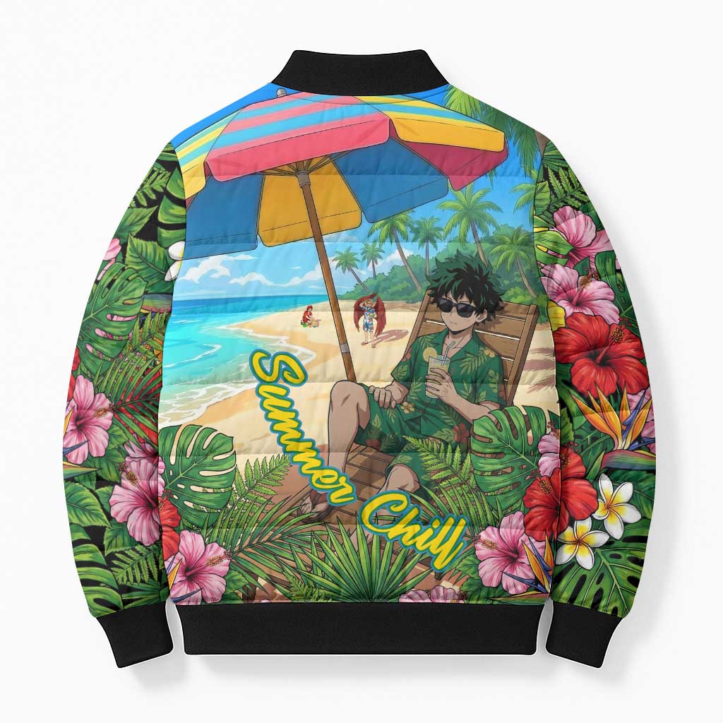 Midoriya Izuku Summer Chill Bomber Puffer Jacket Tropical Anime Relaxation Scene