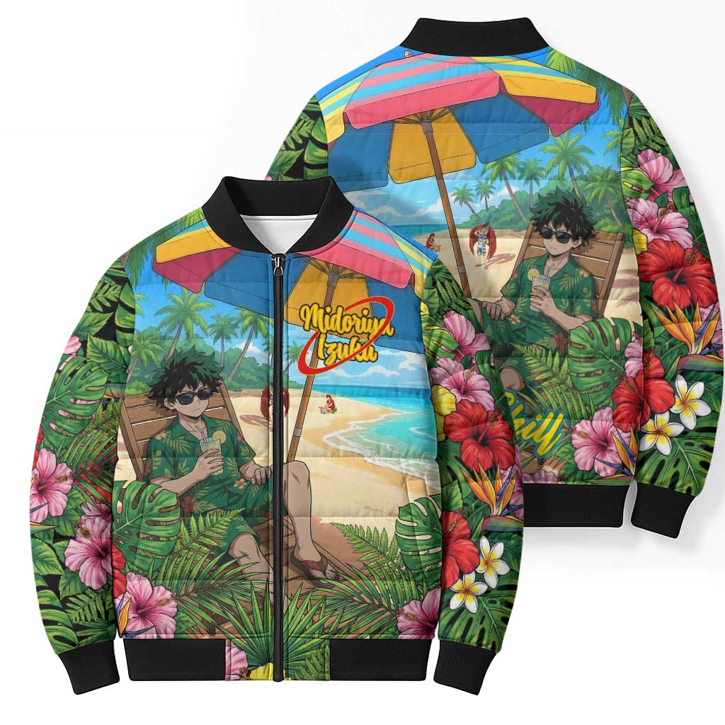 Midoriya Izuku Summer Chill Bomber Puffer Jacket Tropical Anime Relaxation Scene