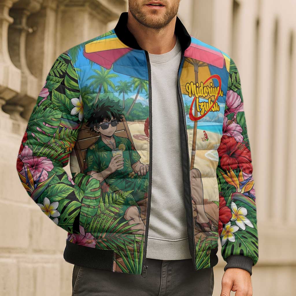 Midoriya Izuku Summer Chill Bomber Puffer Jacket Tropical Anime Relaxation Scene