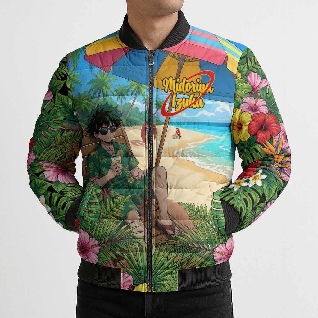 Midoriya Izuku Summer Chill Bomber Puffer Jacket Tropical Anime Relaxation Scene