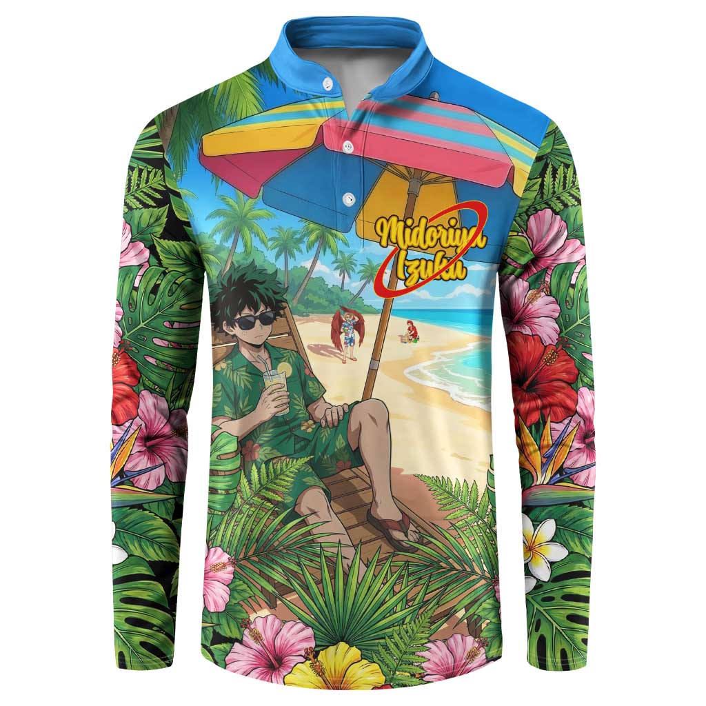 Midoriya Izuku Summer Chill Button Sweatshirt Tropical Anime Relaxation Scene