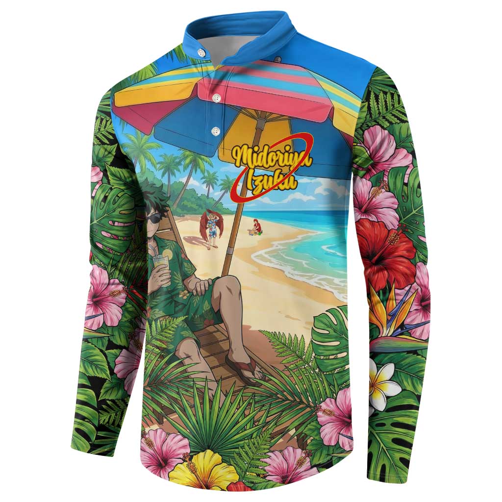 Midoriya Izuku Summer Chill Button Sweatshirt Tropical Anime Relaxation Scene