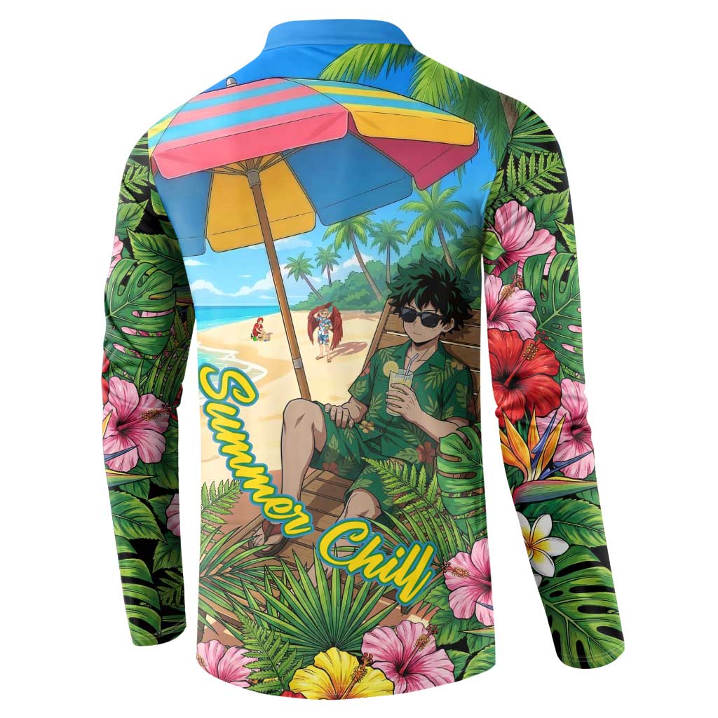 Midoriya Izuku Summer Chill Button Sweatshirt Tropical Anime Relaxation Scene