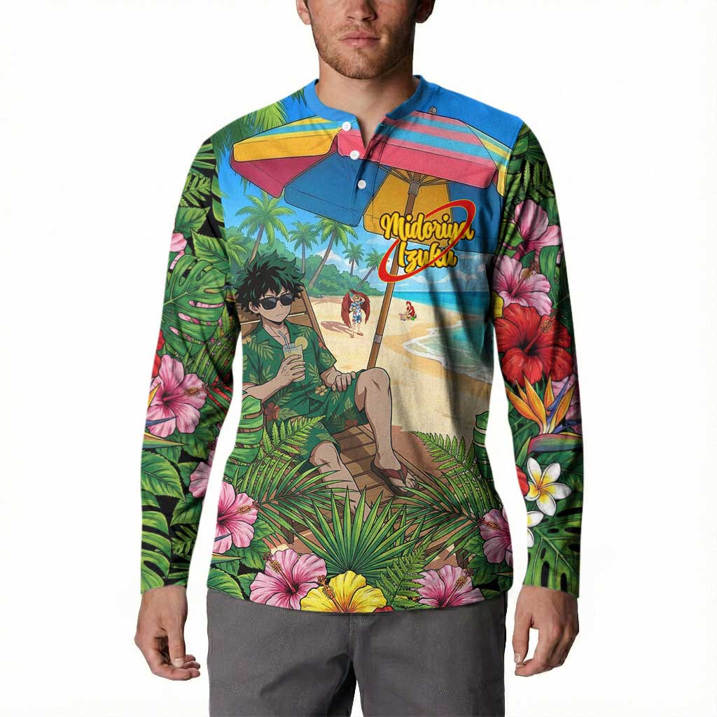 Midoriya Izuku Summer Chill Button Sweatshirt Tropical Anime Relaxation Scene