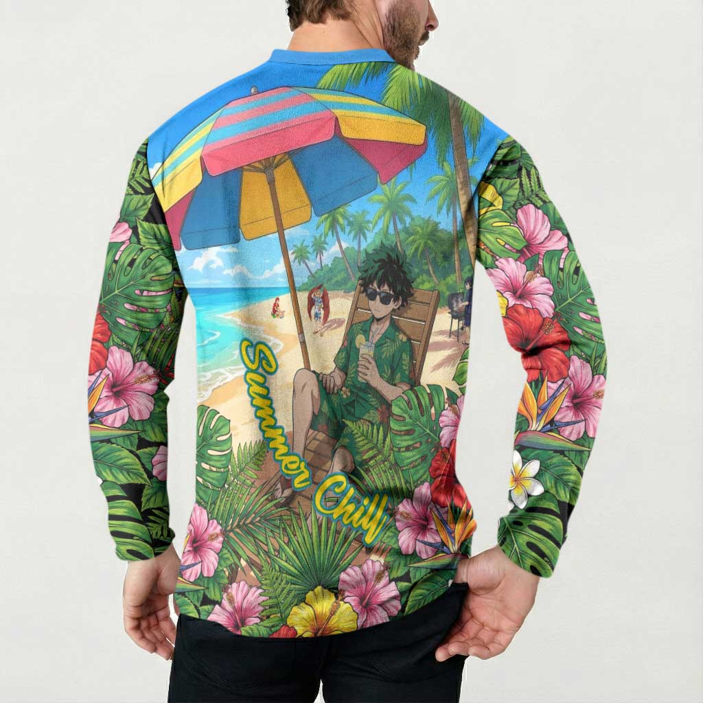 Midoriya Izuku Summer Chill Button Sweatshirt Tropical Anime Relaxation Scene