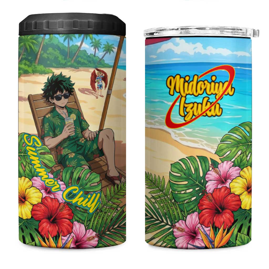 Midoriya Izuku Summer Chill 4 in 1 Can Cooler Tumbler Tropical Anime Relaxation Scene