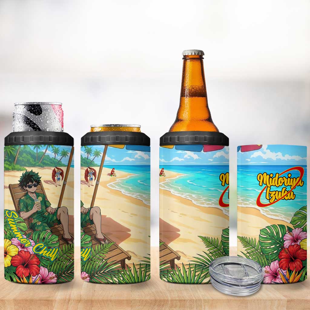 Midoriya Izuku Summer Chill 4 in 1 Can Cooler Tumbler Tropical Anime Relaxation Scene