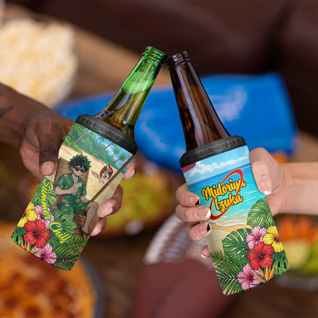 Midoriya Izuku Summer Chill 4 in 1 Can Cooler Tumbler Tropical Anime Relaxation Scene