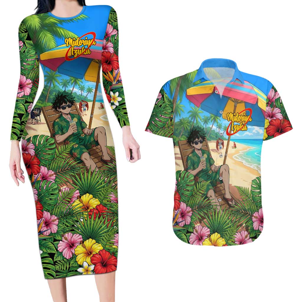 Midoriya Izuku Summer Chill Couples Matching Long Sleeve Bodycon Dress and Hawaiian Shirt Tropical Anime Relaxation Scene