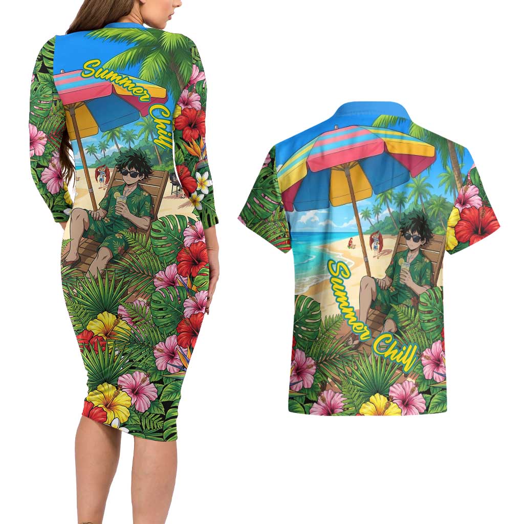 Midoriya Izuku Summer Chill Couples Matching Long Sleeve Bodycon Dress and Hawaiian Shirt Tropical Anime Relaxation Scene