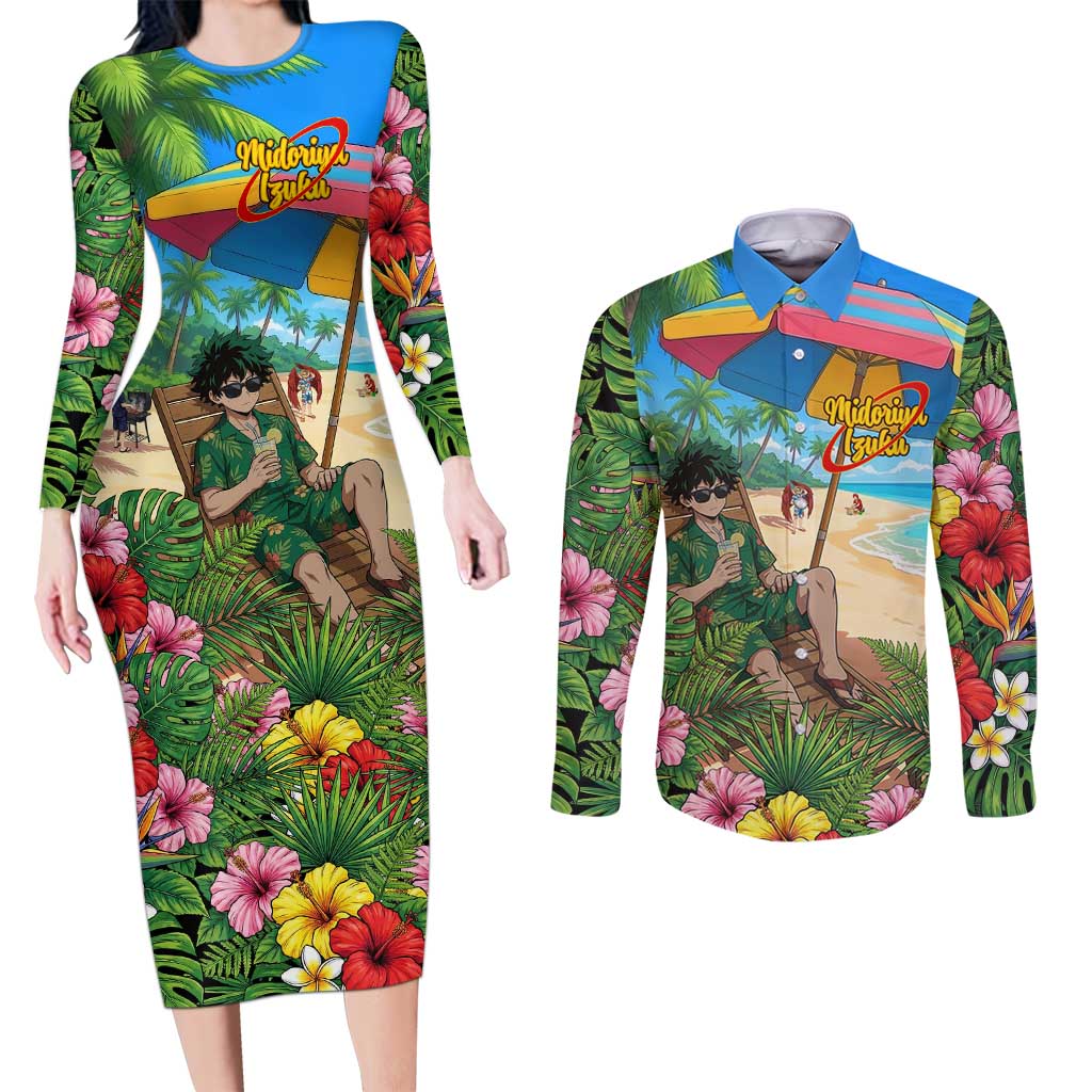 Midoriya Izuku Summer Chill Couples Matching Long Sleeve Bodycon Dress and Long Sleeve Button Shirt Tropical Anime Relaxation Scene