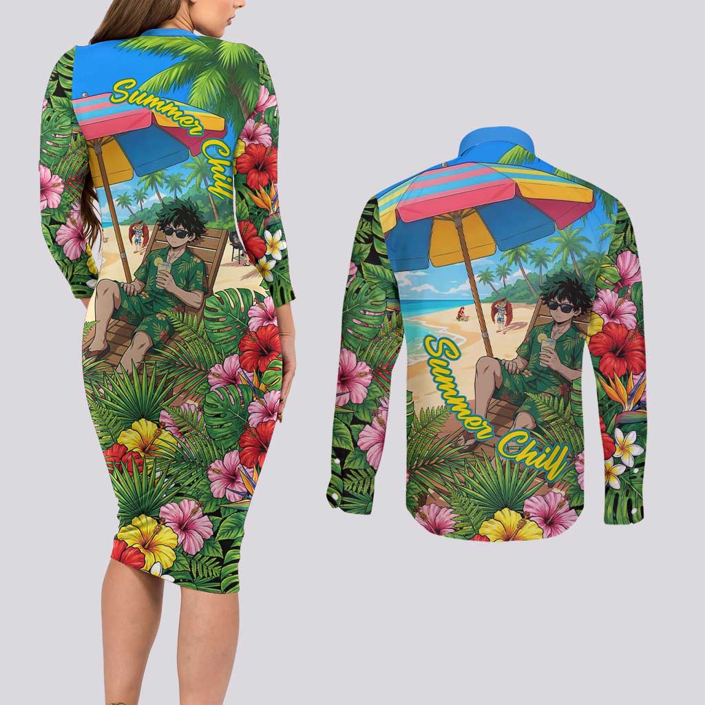 Midoriya Izuku Summer Chill Couples Matching Long Sleeve Bodycon Dress and Long Sleeve Button Shirt Tropical Anime Relaxation Scene