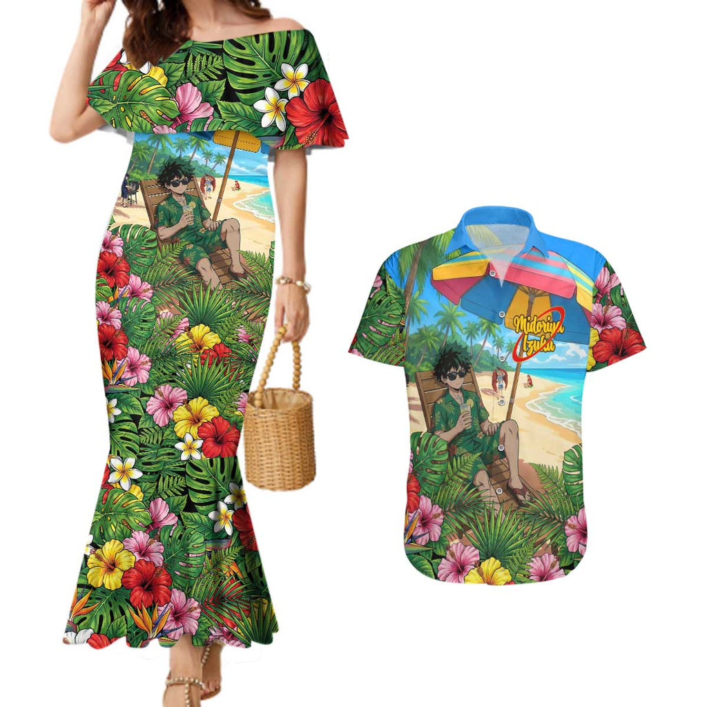 Midoriya Izuku Summer Chill Couples Matching Mermaid Dress and Hawaiian Shirt Tropical Anime Relaxation Scene