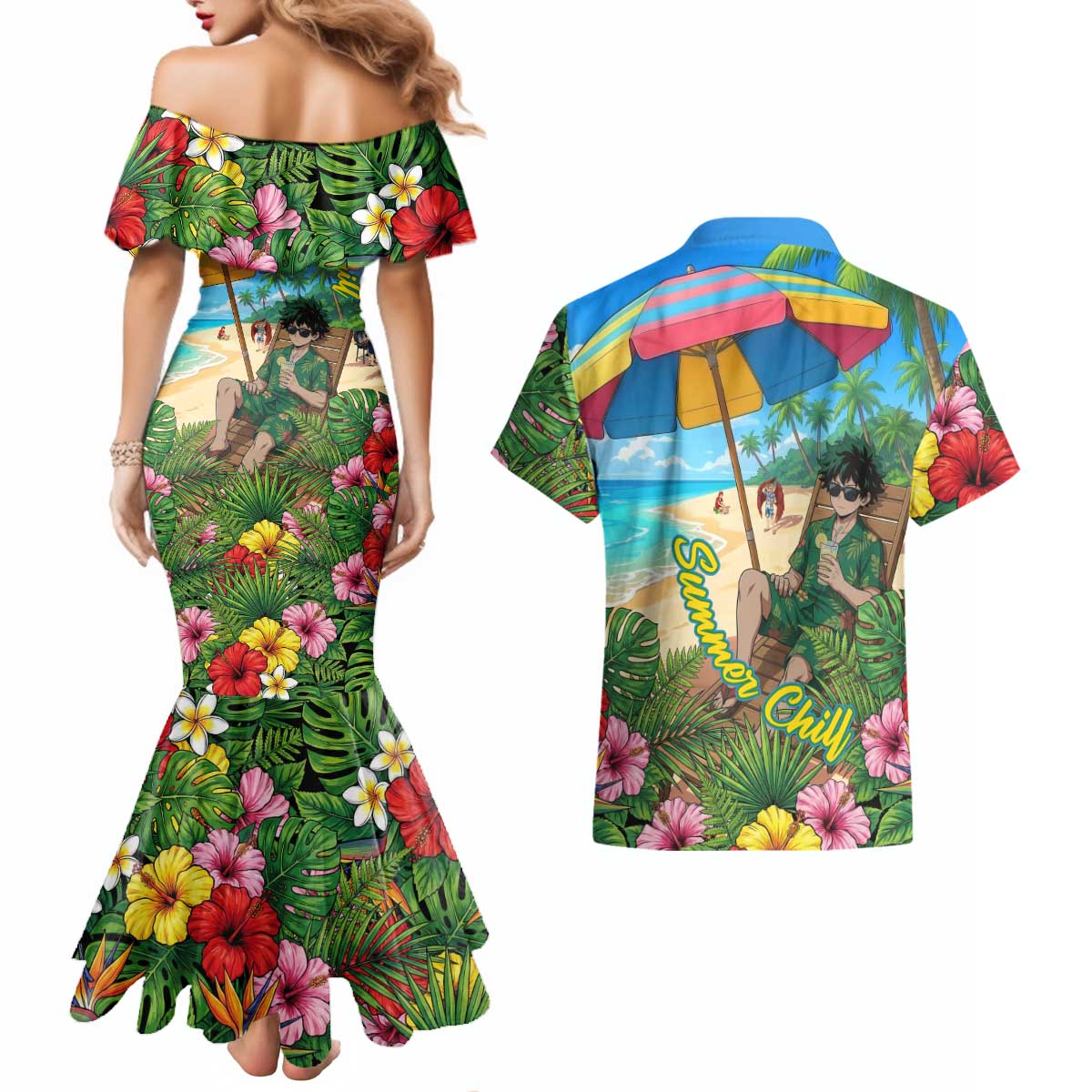 Midoriya Izuku Summer Chill Couples Matching Mermaid Dress and Hawaiian Shirt Tropical Anime Relaxation Scene