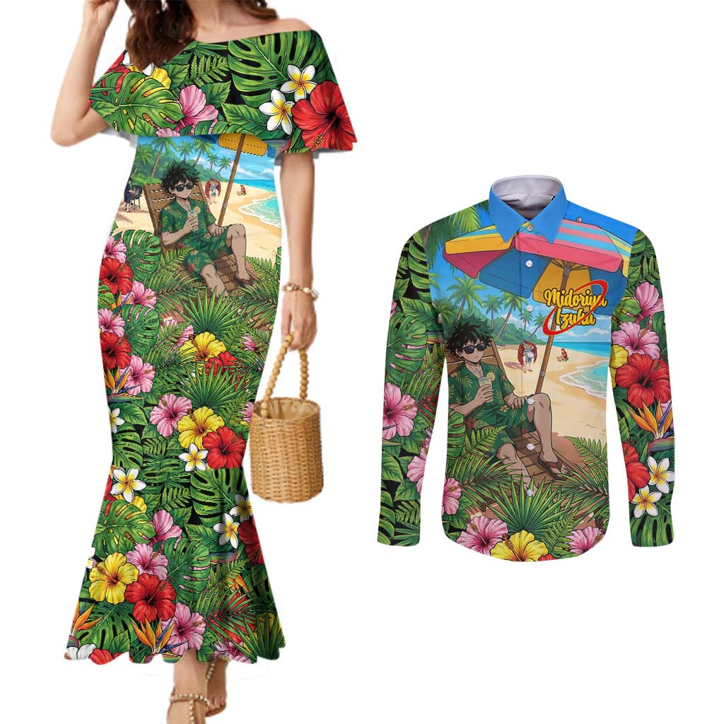 Midoriya Izuku Summer Chill Couples Matching Mermaid Dress and Long Sleeve Button Shirt Tropical Anime Relaxation Scene