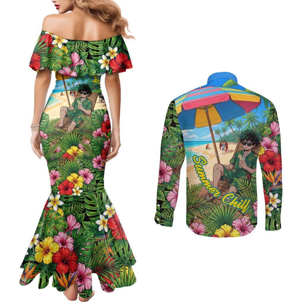 Midoriya Izuku Summer Chill Couples Matching Mermaid Dress and Long Sleeve Button Shirt Tropical Anime Relaxation Scene