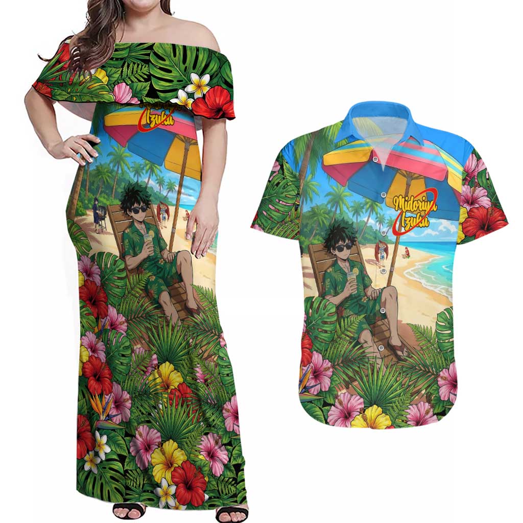 Midoriya Izuku Summer Chill Couples Matching Off Shoulder Maxi Dress and Hawaiian Shirt Tropical Anime Relaxation Scene