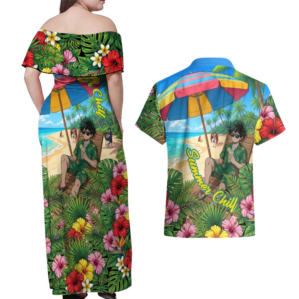 Midoriya Izuku Summer Chill Couples Matching Off Shoulder Maxi Dress and Hawaiian Shirt Tropical Anime Relaxation Scene