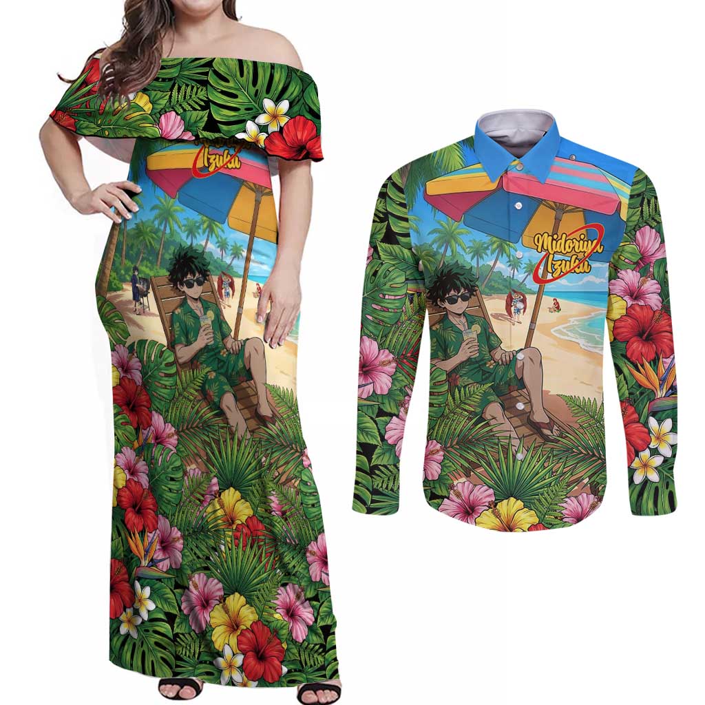 Midoriya Izuku Summer Chill Couples Matching Off Shoulder Maxi Dress and Long Sleeve Button Shirt Tropical Anime Relaxation Scene