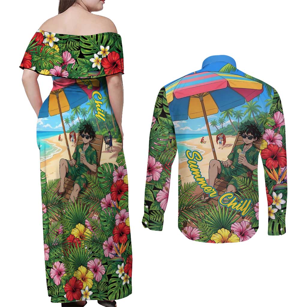Midoriya Izuku Summer Chill Couples Matching Off Shoulder Maxi Dress and Long Sleeve Button Shirt Tropical Anime Relaxation Scene