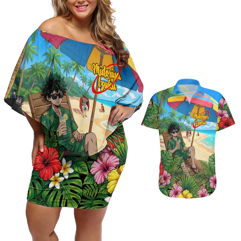 Midoriya Izuku Summer Chill Couples Matching Off Shoulder Short Dress and Hawaiian Shirt Tropical Anime Relaxation Scene