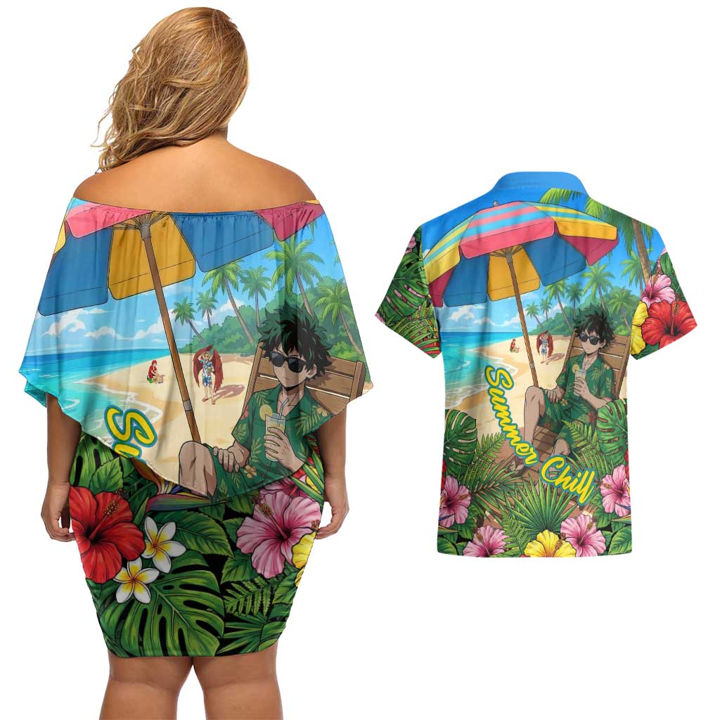 Midoriya Izuku Summer Chill Couples Matching Off Shoulder Short Dress and Hawaiian Shirt Tropical Anime Relaxation Scene