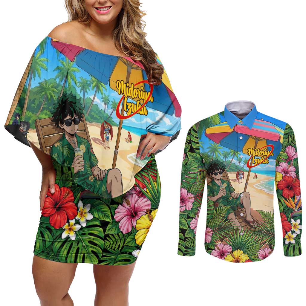 Midoriya Izuku Summer Chill Couples Matching Off Shoulder Short Dress and Long Sleeve Button Shirt Tropical Anime Relaxation Scene